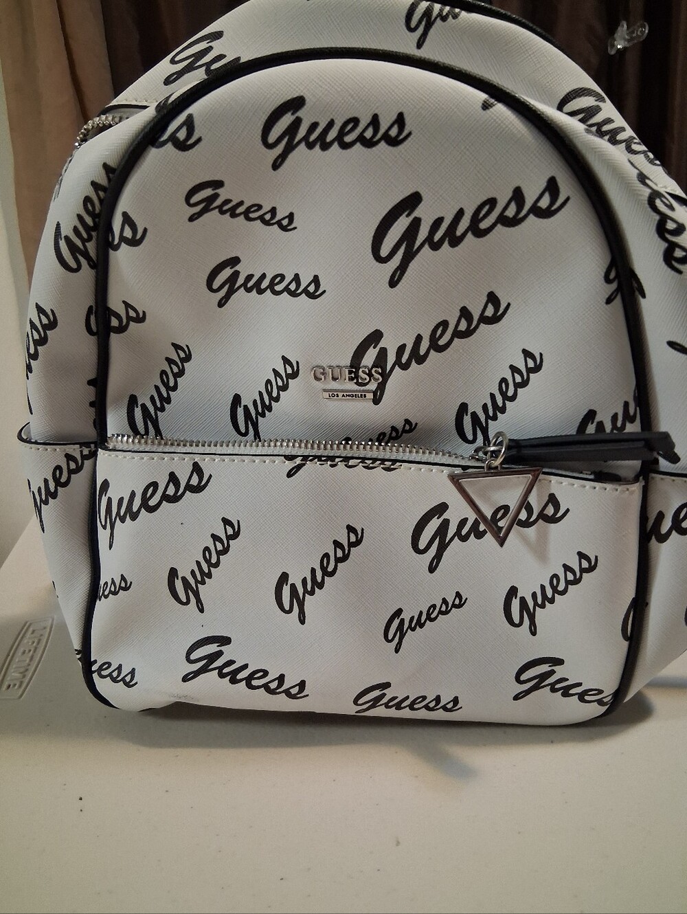 GUESS White and Black Logo Mini Backpack
